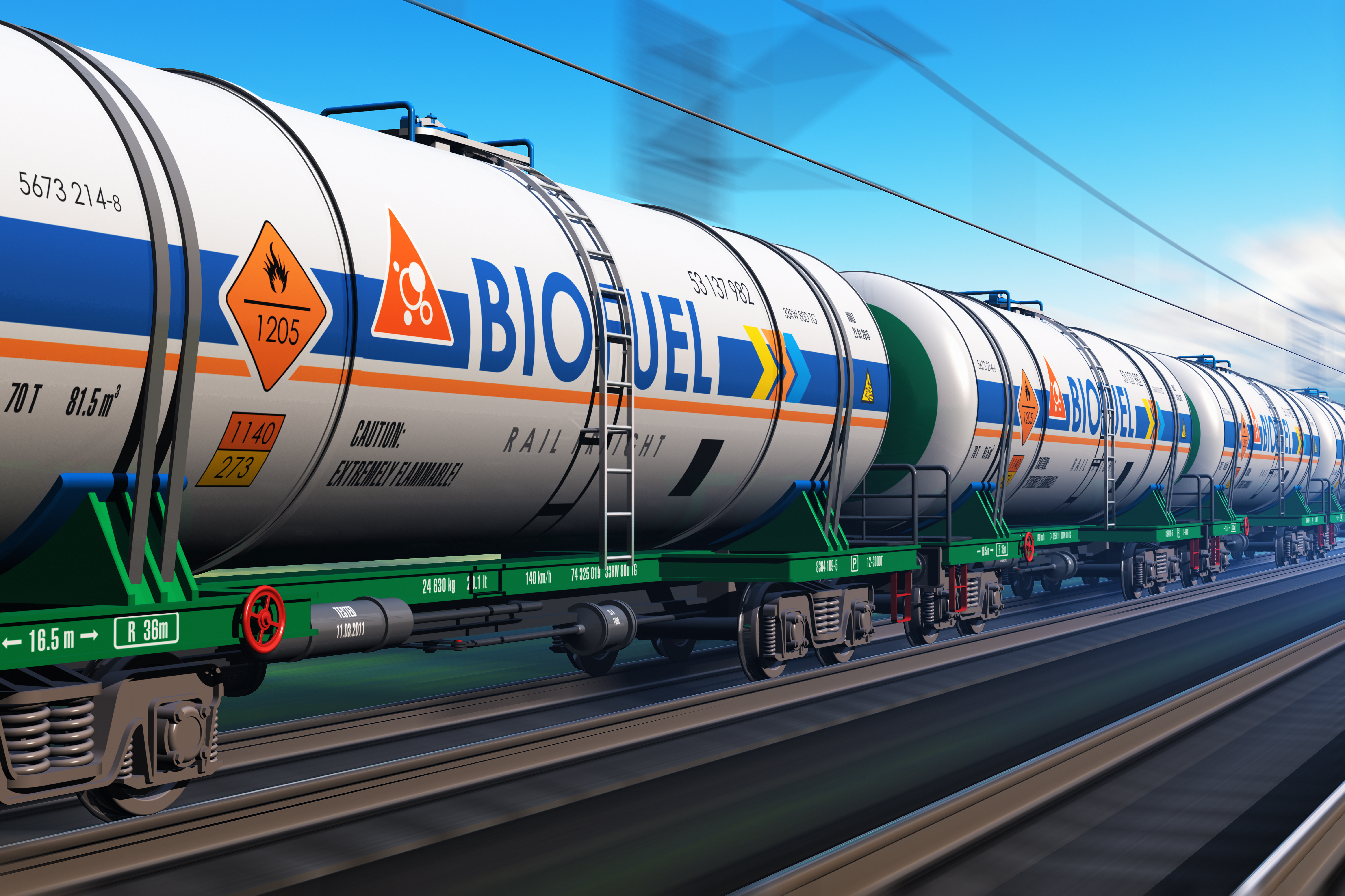 Creative abstract fuel, oil and gas industry, ecology protection technology, logistics, cargo shipping and freight railroad transportation business concept: fast rain with tankcars with biofuel with motion blur effect